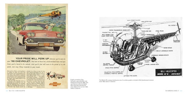 Left: A vintage ad shows a woman driving a red 1958 Chevrolet with a Bell 47/H-13 Sioux Helicopter above. Right: Schiffer Publishing, Ltd. features black and white cutaway diagrams of the Bell 47/H-13 Sioux’s parts for civilian aviation.