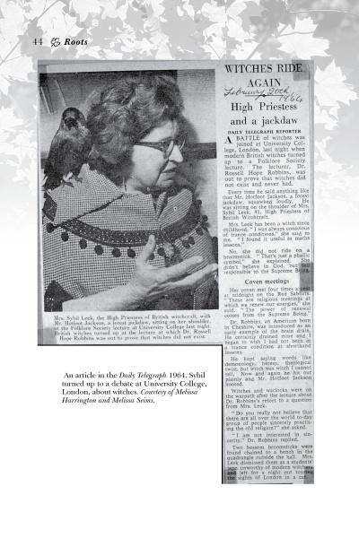A black-and-white clipping features a woman with glasses and a shawl, a jackdaw on her shoulder, under the headline: "High Priestess and Jackdaw—echoing witchcraft themes," as seen in *Witches and Witchcraft in the 21st Century* by Schiffer Publishing, Ltd.