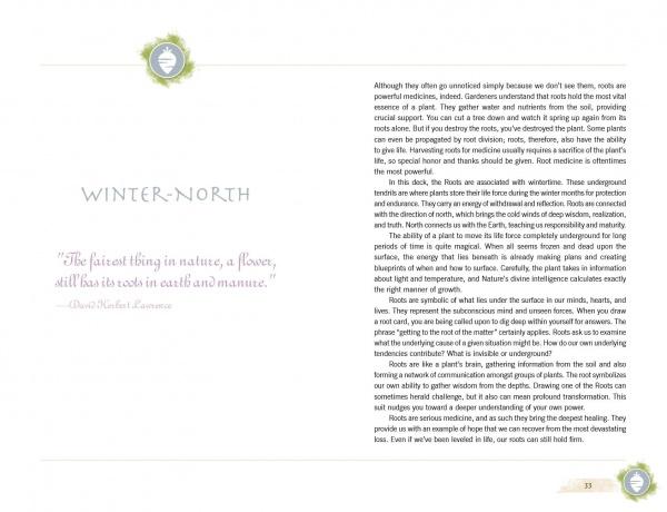 An open spread from The Herbal Healing Deck by Schiffer Publishing, Ltd. shows the left page, "Winter–North," with a D.H. Lawrence flower quote; the right page covers roots, healing, winter, herbal medicine, and features a small green leaf graphic at the top.
