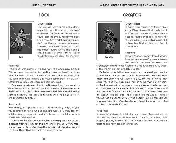 Two pages from the Hip Chick Tarot by Schiffer Publishing, Ltd.: the left shows the Fool, a diverse woman with a stick and satchel; the right highlights Creator with symbols. Each card offers description, spiritual, and practical guidance.