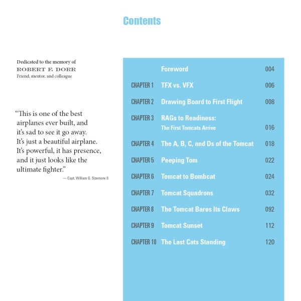 The table of contents has a light blue section listing chapters about the F-14 Tomcat. Opposite is a dedication to Robert F. Dorr and a quote praising this US Navy fighter, from Schiffer Publishing, Ltd.