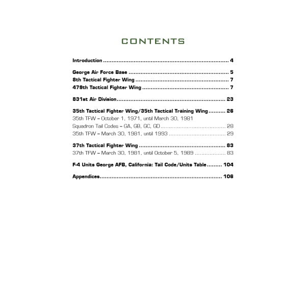 The table of contents for "McDonnell-Douglas F-4 Phantom II at George Air Force Base, California" (Schiffer Publishing, Ltd.) lists sections on the 8th/37th Tactical Fighter Wings, unit codes, and Vietnam War-era content in a clean layout with page numbers.