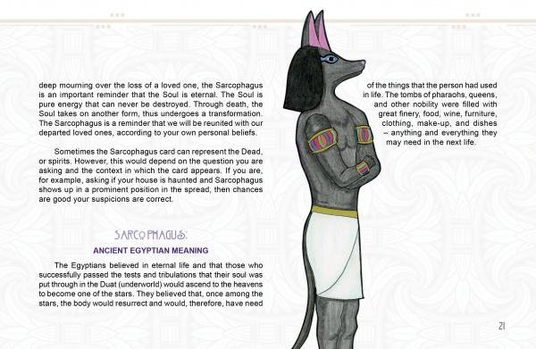 A page from The Egyptian Lenormand by Schiffer Publishing, Ltd. shows text on sarcophagi and ancient Egyptian beliefs, plus an illustration of Anubis standing upright in a kilt on the right—similar to images found on Lenormand and divination cards.
