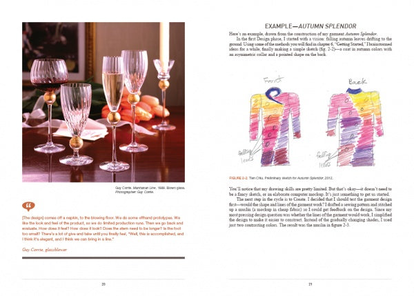 In "Master Your Craft" by Schiffer Publishing, Ltd., a book spread features a photo of elegant gold-accented wine glasses on the left and a vibrant jacket sketch labeled “Front” and “Back” on the right, showcasing artisanal expertise.