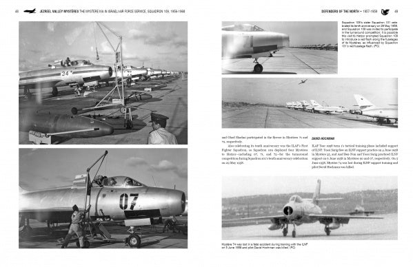 Two pages from Jezreel Valley Mysteres by Schiffer Publishing, Ltd. feature black-and-white photos of Israeli Air Force aircraft like the Dassault Mystere IVA on an airbase, with close-ups, flight shots, and detailed captions for each jet.
