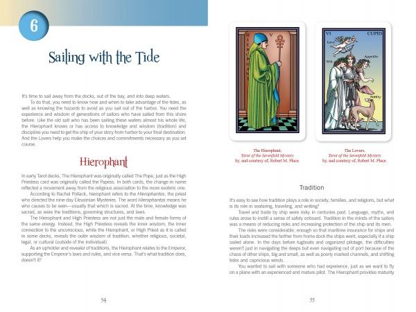 A book spread from "Tarot for the Fiction Writer" by Schiffer Publishing, Ltd. displays Tarot cards and text. The left page has “Sailing with the Tide” and “Hierophant” in red, while the right shows Hierophant and Lovers cards for inspiration.