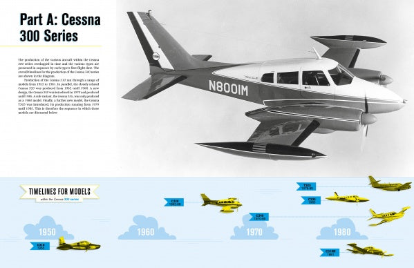 A black and white photo features a Twin Cessna airplane in flight, with model info on the left and a vibrant Schiffer Publishing, Ltd. timeline of Cessna aircraft—like the Cessna 310—along the bottom spanning 1950 to 1980.