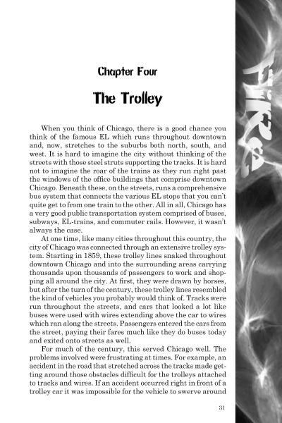 A page from "Chicago Disasters" by Schiffer Publishing, Ltd. titled "Chapter Four: The Trolley" explores Chicago’s EL train system, trolley history, and public transit challenges, set against a blurred train track background.