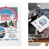 Left: Retro Cross Stitch by Schiffer Publishing, Ltd. shows an embroidered Orient Express train and cityscape. Right: A French cross-stitch pouch says “Bon voyage” above luggage, passport, and map.