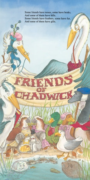 The cover of Meet Chadwick and His Chesapeake Bay Friends by Schiffer Publishing, Ltd. shows birds, ducks, a turtle, otter, and blue crab in hats by the water with mountains, gathered under a “Friends of Chadwick” banner—ideal for preschoolers.