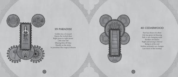 Two illustrated pages from "Falnama" by Schiffer Publishing, Ltd. feature poems titled 39 PARADISE and 40 CEDARWOOD, each framed by intricate circular and abstract designs inspired by Islamic manuscript traditions.