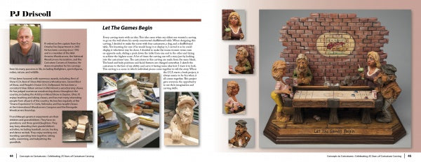 An open spread from Concepts to Caricatures (Schiffer Publishing, Ltd.) features an artist profile with photo, text, and woodcarving scenes—three figures playing shuffleboard by a brick wall, plus close-ups and in-progress images.