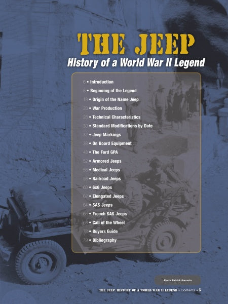 The table of contents page from The Jeep: History of a World War II Legend by Schiffer Publishing, Ltd. displays yellow and white chapter titles over a faded WWII Jeep photo, outlining Jeep history and its many variants.