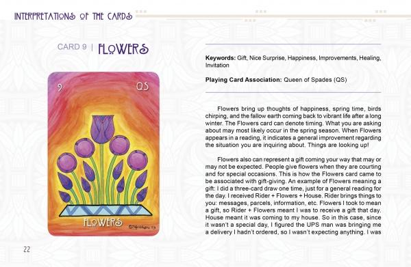 An illustrated Flowers card from The Egyptian Lenormand (Schiffer Publishing, Ltd.) features purple flowers with round petals in a yellow vase on a pink-orange background. The included guidebook details the card’s meanings and keywords.