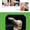 Three images from "Introduction to Soapstone Sculpting" by Schiffer Publishing, Ltd. show polishing a soapstone bear: applying polish with a cloth, covering creases, and the finished shiny bear on a black background.