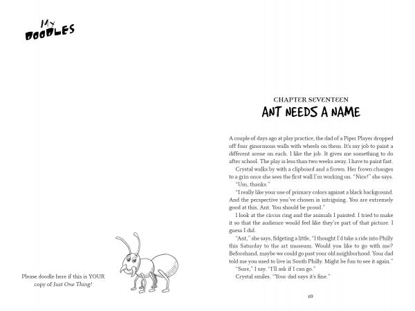 A black-and-white page from "Just One Thing!" by Schiffer Publishing, Ltd. for ages 8-12 features the heading My Doodles, a father-daughter chat, the chapter title Ant Needs a Name at the top, and an ant drawing in the bottom left.