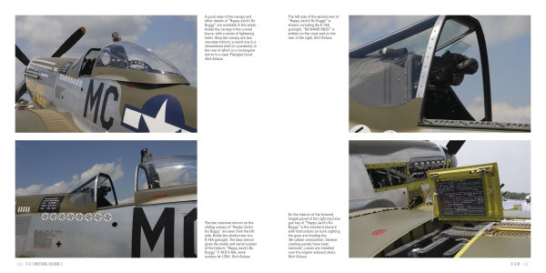 P-51 Mustang, Vol. 2 by Schiffer Publishing, Ltd. features four photos of a WWII fighter cockpit with close-ups of the P-51 Mustang’s exterior, canopy, interior details, painted markings, and a labeled maintenance panel.