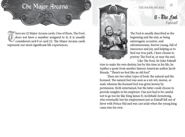 Two pages from the Shakespearean Tarot by Schiffer Publishing, Ltd. explore The Fool card, with a stylish Major Arcana header, detailed text sections, and a black-and-white image of a smiling figure holding a staff amid ornate tarot-themed borders.