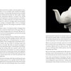 A two-page spread from The Art of Kintsugi by Schiffer Publishing, Ltd. shows a dark ceramic vase (left), a white elephant teapot (right), and text about Japanese repair art flowing around the images.