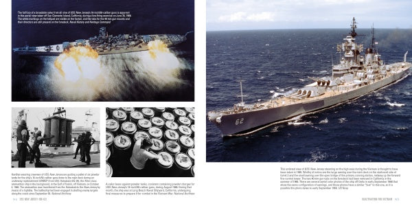 A Schiffer Publishing, Ltd. page features wartime photos: a warship firing at sea, sailors handling shells and preparing ammo, plus a color shot of USS New Jersey (BB-62), an Iowa-class battleship, sailing in open water.