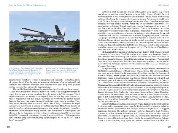 A Boeing 707-based Wedgetail with unique UAV-tracking radar, featured in Schiffer Publishing, Ltd.’s "Enter the Drones," lands gear-down at an airport; buildings and trees are visible in the background.