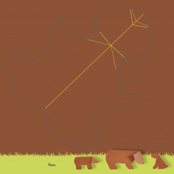 A brown background displays a large bear constellation in yellow dashed lines above three paper-cut brown bears standing on green grass—ideal for Schiffer Publishing, Ltd.'s "Baby Animals" kids origami or animal family craft book. "Bear" appears at the bottom left.