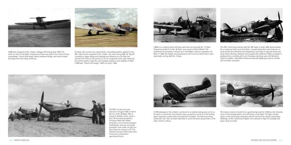 Two pages from "Hawker Hurricane" by Schiffer Publishing, Ltd. display black-and-white WWII aviation photos—including Spitfires and Hawker Hurricanes from the Battle of Britain—with detailed captions under each image.