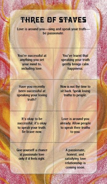 The Three of Staves card from My First Relationship Tarot by Schiffer Publishing, Ltd. features nine message boxes on a pink, yellow, and orange swirl background, highlighting love, truth, happiness, and passion in relationships.