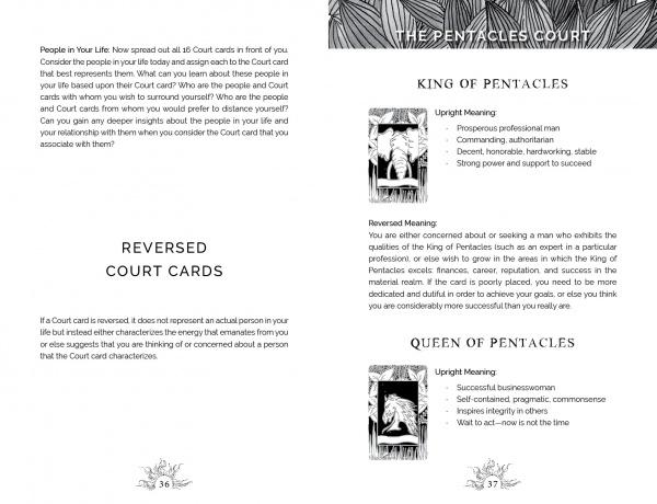 A book spread in Intuitive Wisdom by Schiffer Publishing, Ltd. explains reversed meanings of court cards in tarot, featuring the King and Queen of Pentacles, with each card’s upright meaning and a brief descriptive paragraph on the right page.