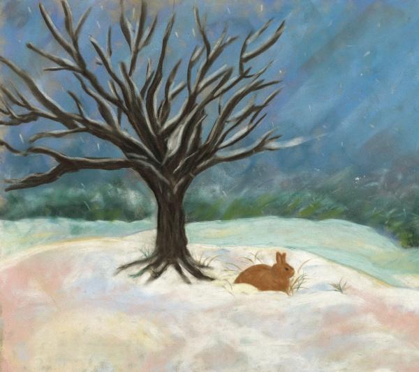 A brown rabbit sits in the snowy winter beneath a bare tree, snowflakes falling softly—an enchanting scene inspired by "Rupert's Tales" from Schiffer Publishing, Ltd., perfect for a Pagan children's Wheel of the Year book.
