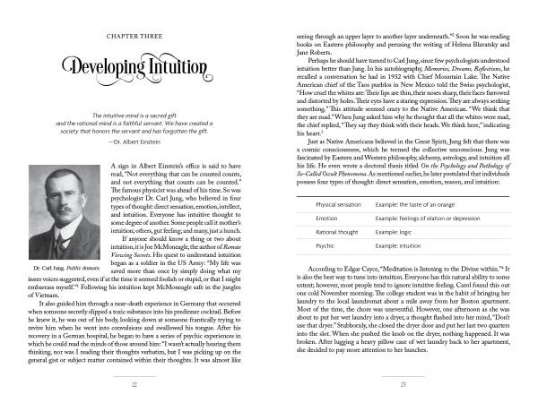 A book spread from Healing with Spirit by Schiffer Publishing, Ltd. features Chapter Three, "Developing Intuition," a B&W portrait of Dr. Carl Jung, text on intuition, and a two-column layout with a table on experiences and spirit guides.