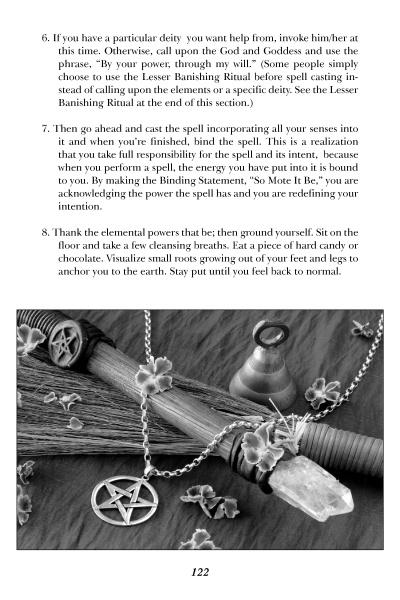 A black-and-white photo displays ritual tools on wood, while below, "Animal Spells and Magick" by Schiffer Publishing, Ltd. gives pet magick instructions for pet health. Page 122 is shown at the bottom.