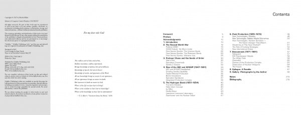 A two-page spread from "Weapons of Mass Destruction" by Schiffer Publishing, Ltd. shows a table of contents with chapters and page numbers on the right, and acknowledgements plus a poem on the left, in black text on white, echoing nuclear age themes.