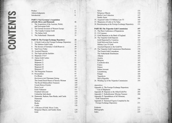 A black and white image of the "Monetary Men" table of contents lists chapters on Nazi Germany's valuables, missing gold, foreign depositaries, and recovery. CONTENTS appears vertically on the left. Brand: Schiffer Publishing, Ltd.