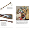 A two-page spread from "Artifacts of the Battle of Little Big Horn" by Schiffer Publishing, Ltd. displays photos of Native American artifacts, including a beaded tomahawk, rifle, decorated gunstock, bag, feather, and a sepia portrait.
