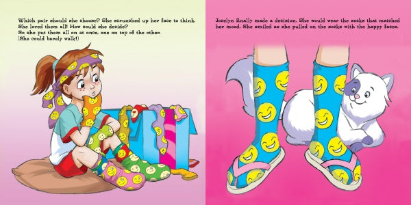A girl with brown hair in a ponytail sits on a pink floor surrounded by colorful clothes, trying on long, smiley-faced socks from Jocelyn's Box of Socks by Schiffer Publishing, Ltd., with her white dog beside her in a playful scene.
