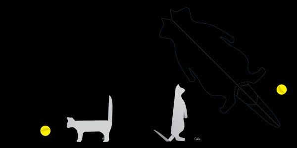 A gray cat and a yellow ball are shown standing and upright. Above, the cat's glowing outline connects to the ball, evoking playful Origanimo kitties. Product: Cats by Schiffer Publishing, Ltd.