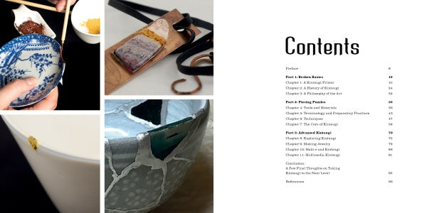 A collage for "The Art of Kintsugi" by Schiffer Publishing, Ltd. shows hands repairing ceramics, a close-up of a restored bowl, a wrapped item with a leather strap, and the book’s table of contents listing its chapters.