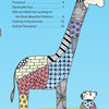 On a blue background, a quirky giraffe with colorful zendoodle patterns stands by a mouse in glasses. “Zendoodle for Children” by Schiffer Publishing, Ltd. inspires creativity, with a contents list on the left to guide young artists.
