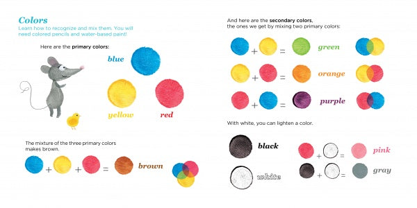 Lili’s Colors by Schiffer Publishing, Ltd. is an illustrated picture book where a mouse and chick explore primary colors and shapes, mixing them to create hues like brown, black, white, pink, and gray through overlapping circles.
