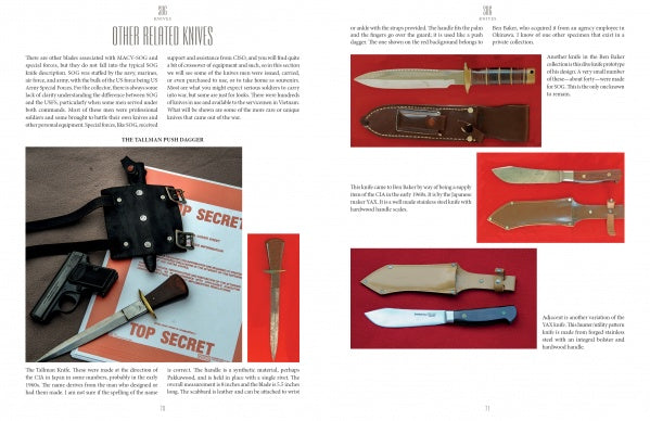 A two-page spread from "SOG Knives and More from America's War in Southeast Asia" by Schiffer Publishing, Ltd. showcases Vietnam War knives, including an SOG knife with pistol and sheath on a Top Secret folder, plus various labeled combat knives.
