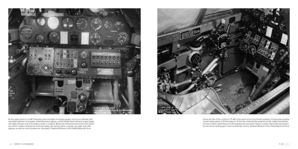 Black and white photos reveal the detailed instrument panels and controls of vintage WWII fighter planes, featuring the Curtiss P-40 Warhawk. Published by Schiffer Publishing, Ltd.