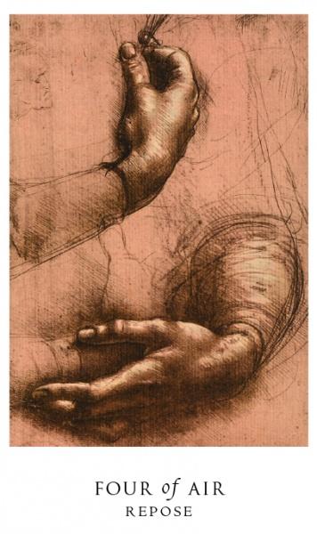 A sepia-toned sketch of three hands in varied poses, labeled FOUR of AIR and REPOSE, evokes a classical style in the Da Vinci Enigma Tarot by Schiffer Publishing, Ltd.