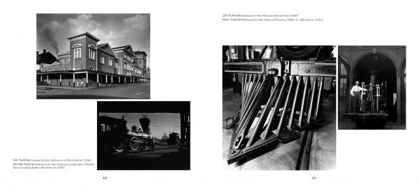 A photo book spread from "Trains" by Schiffer Publishing, Ltd. features black-and-white images of historic buildings, vintage bicycles, industrial equipment, steam locomotives, mid-century rail transport, and a pianist, with text captions.