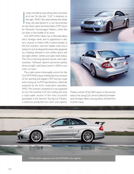 The book "Mercedes-Benz Supercars" by Schiffer Publishing, Ltd. showcases a silver Mercedes-Benz CLK DTM AMG in three scenes: front on track, rear parked, and racing alongside another CLK DTM AMG on the circuit.