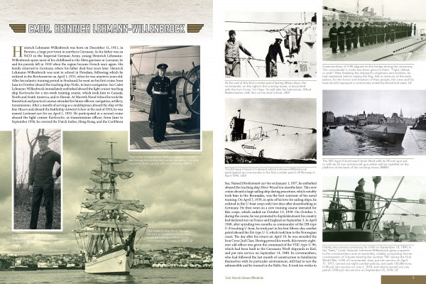 Two pages from Schiffer Publishing, Ltd.'s "German U-Boat Ace Heinrich Lehmann-Willenbrock" feature black-and-white photos of U-96, submarines, and sailors, with text on Lehmann-Willenbrock’s career and Das Boot references plus captions for each photo.