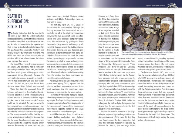 A magazine spread from Schiffer Publishing, Ltd.’s Disasters in Space features an article on Soyuz 11, with text columns and a small photo of three cosmonauts in suits inside a spacecraft, showcasing one of history’s deadliest space disasters.
