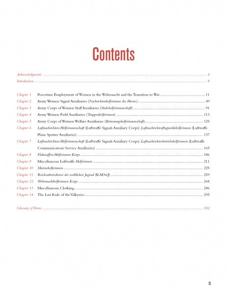 Table of contents page from Last Ride of the Valkyries by Schiffer Publishing, Ltd., listing chapters on women’s employment in the Wehrmachthelferinnenkorps and other female auxiliaries, with page numbers and chapter titles in red and black.