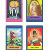 Four illustrated cards from the Audacious Action Angels Oracle: wings with “AAA,” two women in “House of Mirrors,” a woman flying in “Date with Destiny,” and pots in “What’s Cookin’?”.