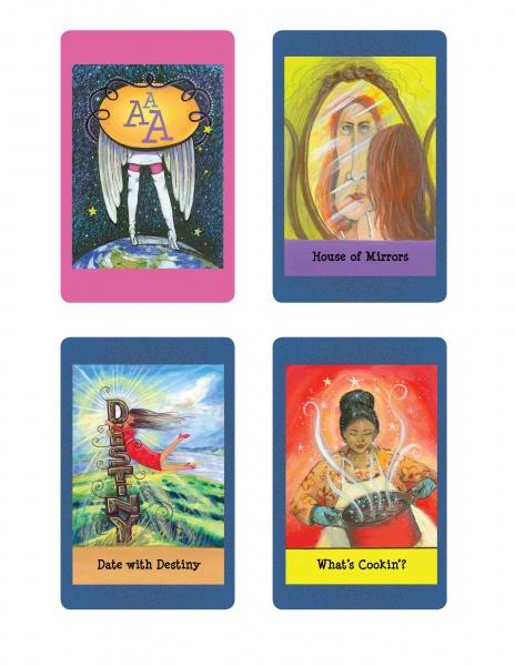 Four illustrated cards from the Audacious Action Angels Oracle: wings with “AAA,” two women in “House of Mirrors,” a woman flying in “Date with Destiny,” and pots in “What’s Cookin’?”.